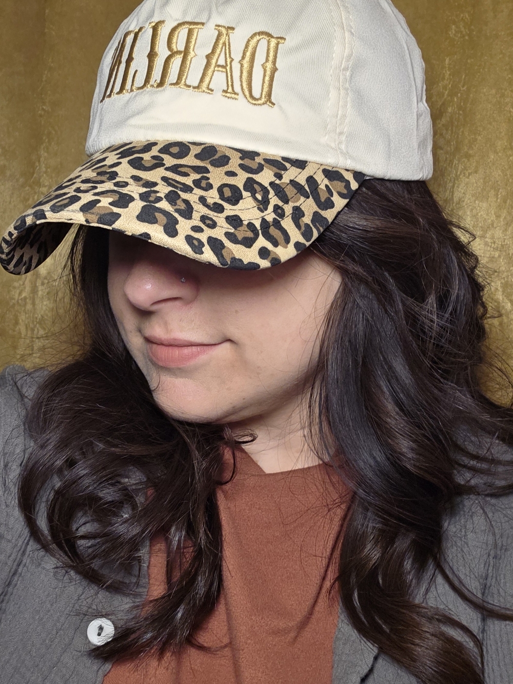 Darling Embroidered White Baseball Cap with Leopard Brim